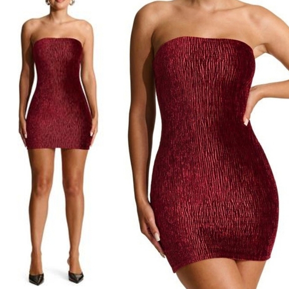 NEW Naked Wardrobe Women's Red Texture Plush Velvet Tube Minidress Size Small - Picture 1 of 8